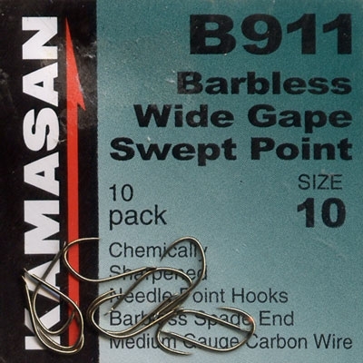 Five packets of Kamasan B911 X-Strong Barbless Spade End Hooks