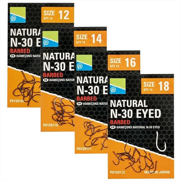 Preston Innovations Natural N-30 Eyed Barbed Hooks
